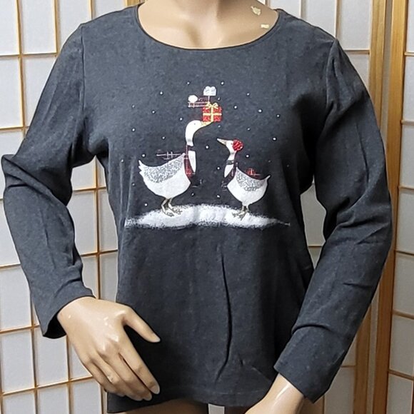 Karen Scott grey long-sleeve Christmas t-shirt with Christmas geese sparkle XL - Picture 1 of 9